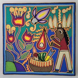 New. Huichol Painting of Wind Flower. Mexican Huichol Art.12x12". Handmade.
